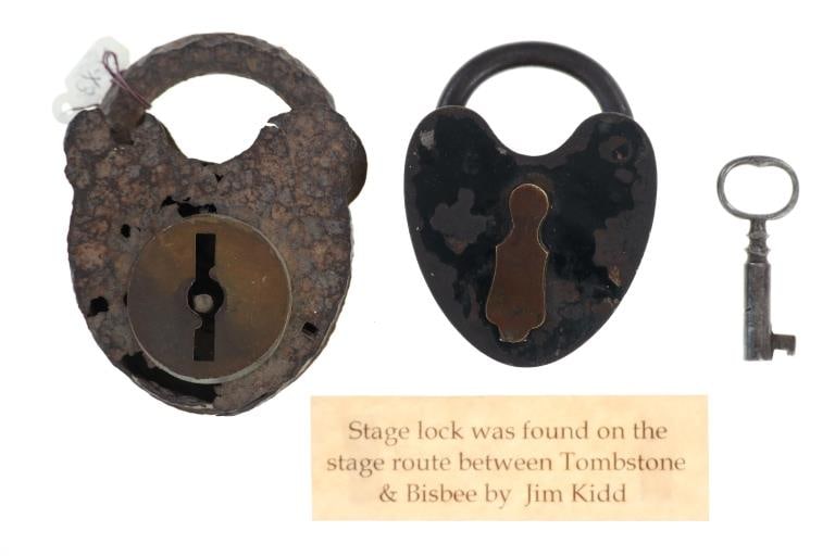 Jim Kidd found Tombstone - Bisbee Stage Line Locks: Featured in this lot is this pair of stage line locks found by Jim Kidd on the stage line between Tombstone and Bisbee circa 1870 to 1890's and displayed in the Tombstone Western Heritage Museum; Prov
