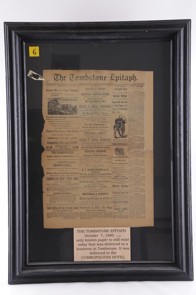 The Tombstone Epitaph: Oct. 7, 1880 "Cosmopolitan": Featured in this lot is this The Tombstone Epitaph: Oct 7, 1880 With advertisement from The Cosmopolitan Hotel in Tombstone, Arizona and delivered to the Cosmopolitan Hotel; Provenance: From the Tombs