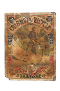 19th C. Columbia Bicycle, The Pope MFG. Co. Poster: Featured in this lot is this particle board poster from Columbia Bicycle, The Pope MFG. Co. circa 19th century and was displayed in the Tombstone Western Heritage Museum; Provenance: From the Tombston