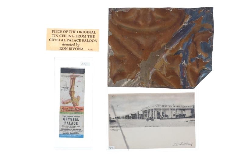 Crystal Palace Ceiling Tin, Postcard & Matchbook: Featured in this lot is this Crystal Palace ceiling tin, postcard and matchbook circa 1880 ceiling tile and was donated by Ron Bivona and displayed in Tombstone Western Heritage Museum; Provenance: Fr