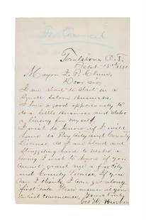 Ca. 1881 Tombstone Blind Man Saloon Liquor License: Featured in this lot is this Tombstone, AZ Council: Request Relief from Taxes and License circa 1881; Provenance: From the Tombstone Western Heritage Museum in Tombstone, Arizona. The letter is from c