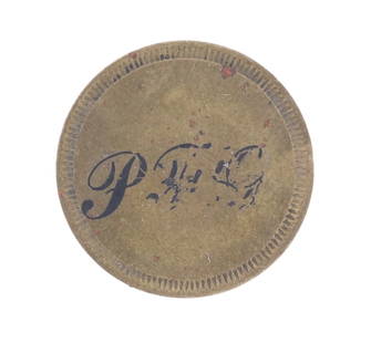 Sheriff Pat F. Garrett's Personal Gaming Token: The lot features a 19th-century brass gaming token / chip with ?P.F.G.? initials owned by famous Sheriff Pat Garrett with documentation letters and is from the ex-collections of Pat Garrett, Jarvis Ga