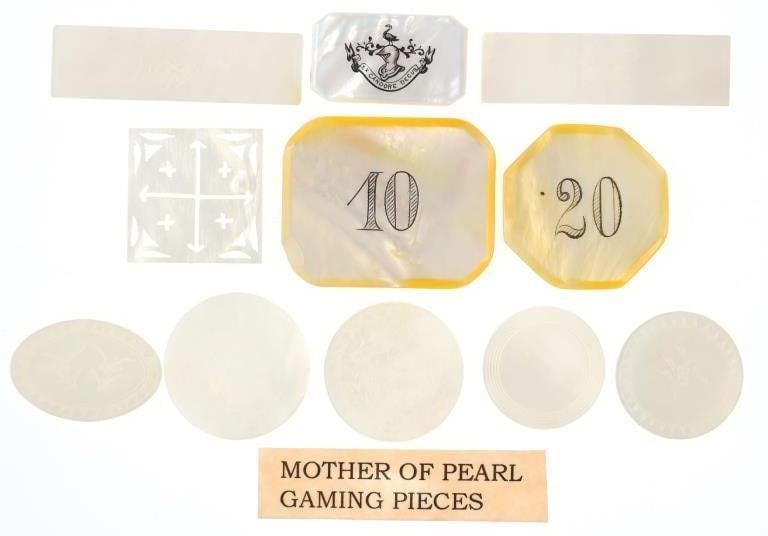 Tombstone, A.T. Mother of Pearl Gaming Chips: Featured in this lot is this Tombstone, A.T. mother of pearl gaming chips circa 19th century; Provenance: From the Tombstone Western Heritage Museum in Tombstone, Arizona. The gaming chips feature a w