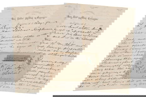Leonard Rose (1827-1899) Last Chance Mine Letter: Featured in this lot is this Leonard Rose born in 1827 to 1899: "Last Chance Mine" letter circa 1882; Provenance: From the Tombstone Western Heritage Museum in Tombstone, Arizona. This letter is wonde