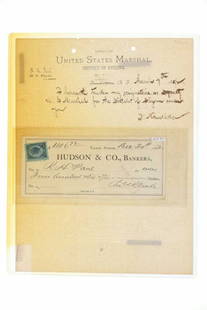 Robert H. Paul Pima County Marshall Letter & Check: Featured in this lot is this Robert H. Paul, Pima County Marshall: "Letter of Resignation from Deputy" circa 1892 and 1882 check from Hudson & Co., Bankers; Provenance: From the Tombstone Western Heri