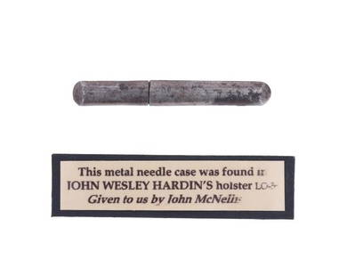 John Wesley Hardin Holster Accouterment Case: The lot features a small metal needle case recovered from the famous gunfighter John Wesley Hardin?s revolver holster from the Tombstone Western Heritage Museum and McNellis collections. The piece is