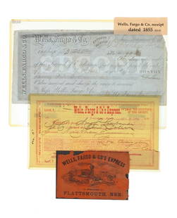 Wells Fargo & Co. Express Documents 1855-94 (3): For your consideration are three Wells Fargo & Company Express documents from 1855 to 1894. The first piece in this lot is a Wells Fargo & Company Express receipt for Mrs. Lombardi, the co-owner of th