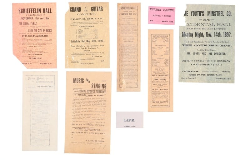 Occidental & Schieffelin Hall Advertisements 1890s: Featured in this lot are seven, original advertisement flyers for various events happening in The Occidental Hall and The Schieffelin Hall in Tombstone, Arizona in the 1890s. The first advertisement f