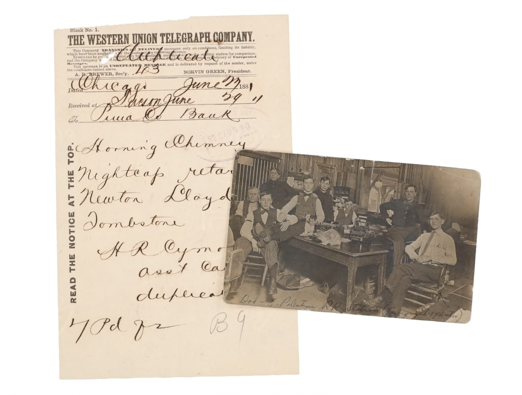 Western Union Telegraph & Railroad Operator Photo: Featured in this lot is this telegraph from the Western union Telegraph Company, dated June 1881 and an original photo postcard taken at the East Palestine Railroad Station in East Palestine, Ohio fro