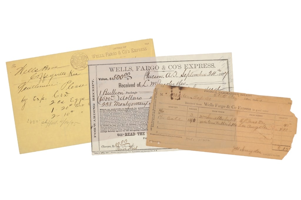 Wells, Fargo & Company Express Freight Docs (3): For your consideration are three Wells, Fargo & Company Express freight documents from 1877 to 1912. The first, from 1877, is a freight log detailing the package, valued at 500 dollars, was received b