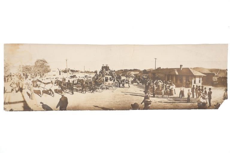 Ca. 1903 Last Stagecoach Tombstone Panoramic Photo: For your consideration is this original and rare photo of the old Modoc Stage on its last trip to Tombstone, Arizona, visited by the Postmaster of Tombstone in 1903. The photo was taken around March 2