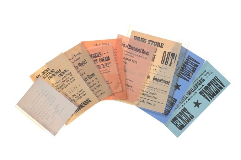 Tombstone AZ Epitaph/Prospector Office Pitch Ads: Featured in this lot is this collection of pitch advertisements out of Tombstone, Arizona Epitaph and The Prospector circa 19th century; Provenance: From the Tombstone Western Heritage Museum in Tombs