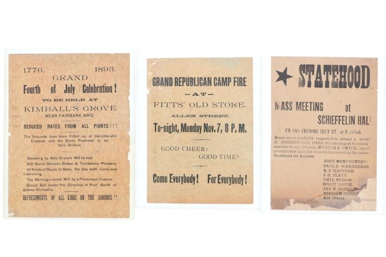 Tombstone, Arizona Territory 19th-C. Ads (3): Featured in this lot are three, original advertisement flyers for various events happening in Tombstone, Arizona in the 1890s. The first is for the "Grand Republican Camp Fire" at Fitt's Old Store on 