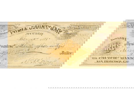 Ca. 1881 Barron M. Jacobs Signed Pima County Check: Featured in this lot is this Pima County Bank note or check signed by Barron M. Jacobs circa 1881; Provenance: From the Tombstone Western Heritage Museum in Tombstone, Arizona. The check features a wo