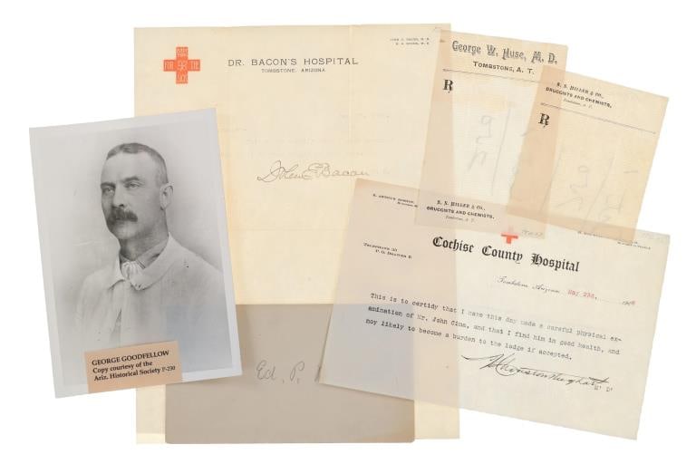 Dr. Goodfellow & Tombstone Hospital Ephemera: Featured in this lot is this collection of ephemera concerning Dr. Goodfellow and Tombstone, Arizona hospital documents circa 1906-1908 and were displayed in the Tombstone Western Heritage Museum; Pro