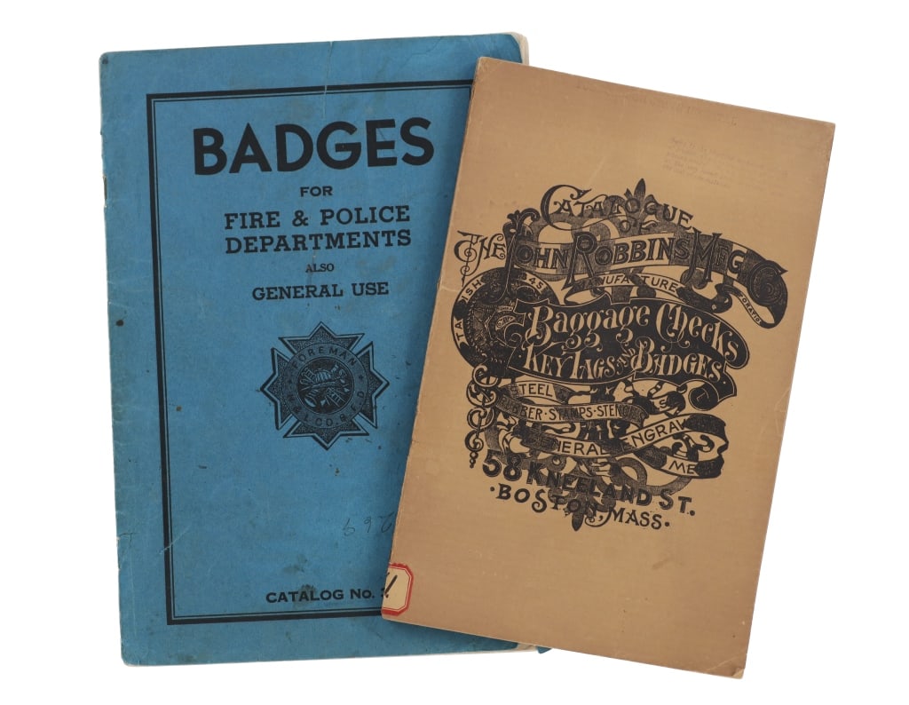 John Robbins MFG Co. & Unnamed Badge Catalogs (2): For your consideration are two fire & police badge catalogs from The John Robbins Manufacturing Company and an unnamed company catalog from the late 1890s to early 1900s. Between 1841 and 1843, John R