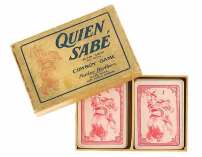 Ca. 1906 Parker Brothers "Quien Sabe" Cowboy Game: Featured in this lot is this card game by Parker Brothers called "Quein Sabe" cowboy game circa 1906; Provenance: From the Tombstone Western Heritage Museum in Tombstone, Arizona. The game features a