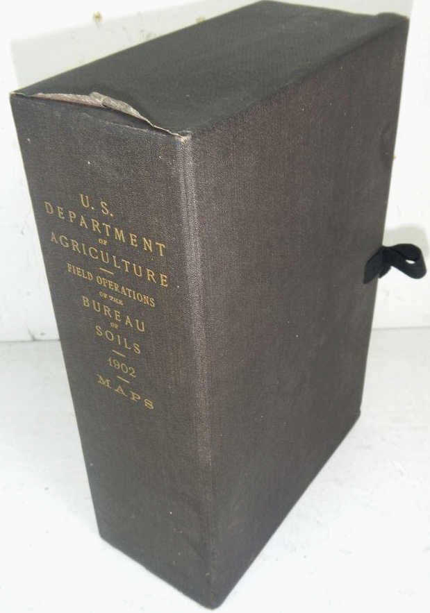1902 U.S. Dep. of Agriculture Soil Maps: This is the boxed set of 44 individual Large folded color soils maps from 1902. A few of the maps how a very light moisture stain on the reverse fore-edge that does not show through on the maps, other