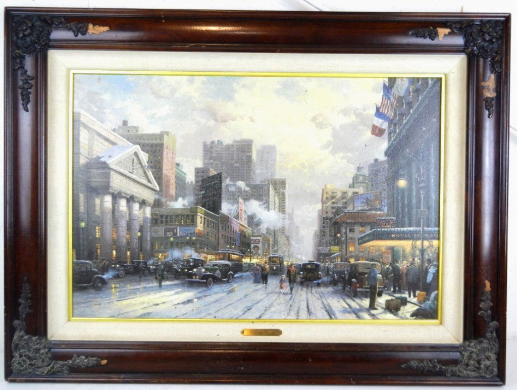 "Snow on Seventh Avenue, 1932" by Kinkade: This piece is from New York in 1932 by world renowned artist of lights Thomas Kinkade. This is a Debossed Lithograph published in 1989 and is numbered 473/935. Kinkade's prints are in no way just copy