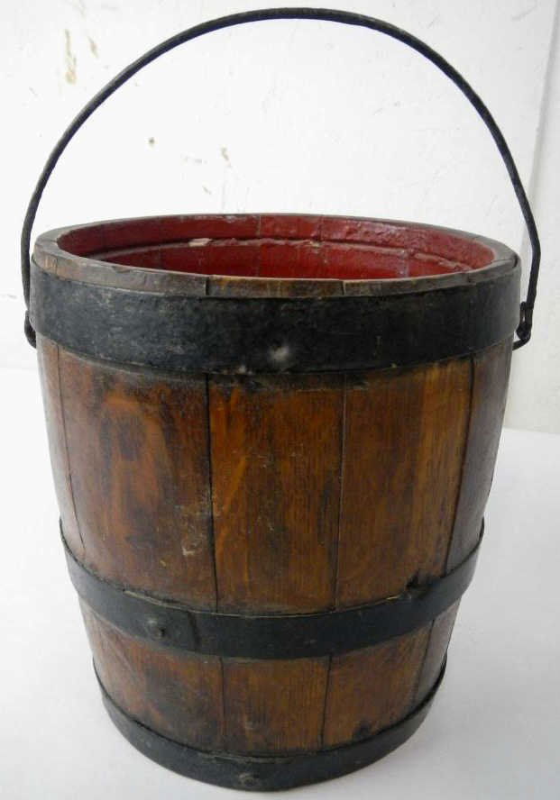Antique Wood Pale: This has a tag on the bottom that reads, "John T Lewis and Bros Co. Pure White Lead Old Dutch Process." This is made with old wood and wrought iron ribs. Measures 8" tall and 7.25" in diameter.