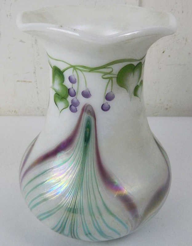 Fenton Vase: This is a authentic Fenton Glassware Vase. This piece has the "Fenton Handpainted in the USA" label on the front and on the bottom reads, "Original Design by Dace Fetty and Martha Reynolds #506/950 Ha