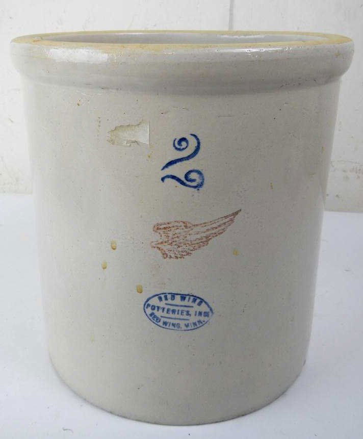 2 Gallon Red Wing Stoneware Crock: This piece is a #2 or 2 Gallon Stoneware crock made by Red Wing Potteries, Inc. in Red Wing, Minn. This is a earlier piece and is in excellent condition with no visible cracks or problems and colorful