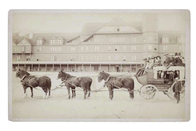 F.J. Haynes Mammoth Stagecoach Yellowstone 1880: This is an original albumen photograph large format boudoir card by Frank Jay Haynes of the Mammoth Yellowstone National Park Stagecoach in front of the Yellowstone National Hotel circa 1880?s. Frank