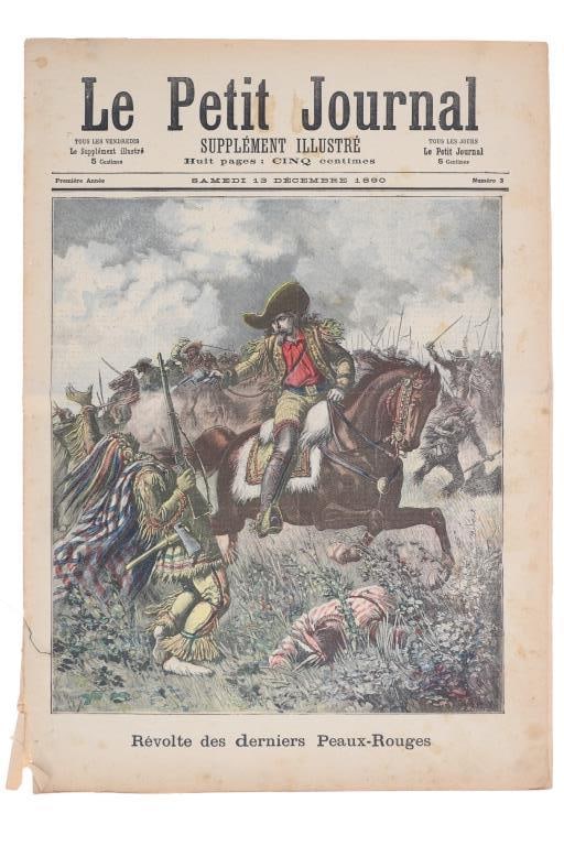 Ca. 1890 Buffalo Bill Engraving by Fortune Meaulle: This is an original circa 1890 colored engraving Le Petit Journal of William Frederick (Buffalo Bill) Cody by Fortun? Louis M?aulle and Henri Meyer. The front of the Le Petit Journal Supplement Illust