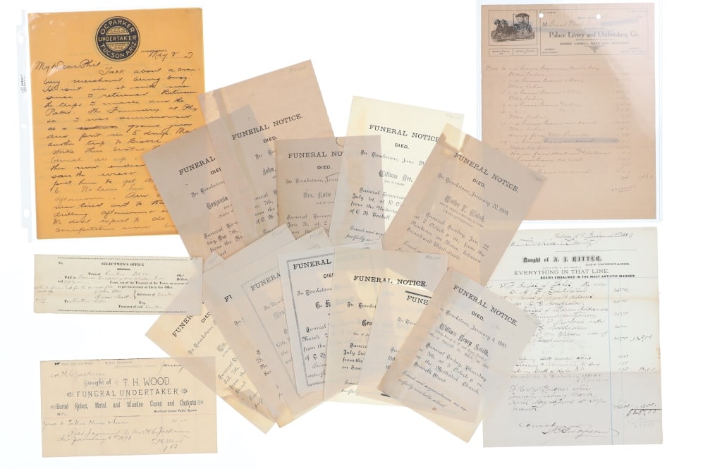 Tombstone Funeral Notices & Undertaker Ledgers: For your consideration is this lot of Tombstone, Arizona Territory funeral notice, undertaking receipts and ledgers from 1820 to 1909. This lot includes twelve funeral notices from Tombstone, Arizona 