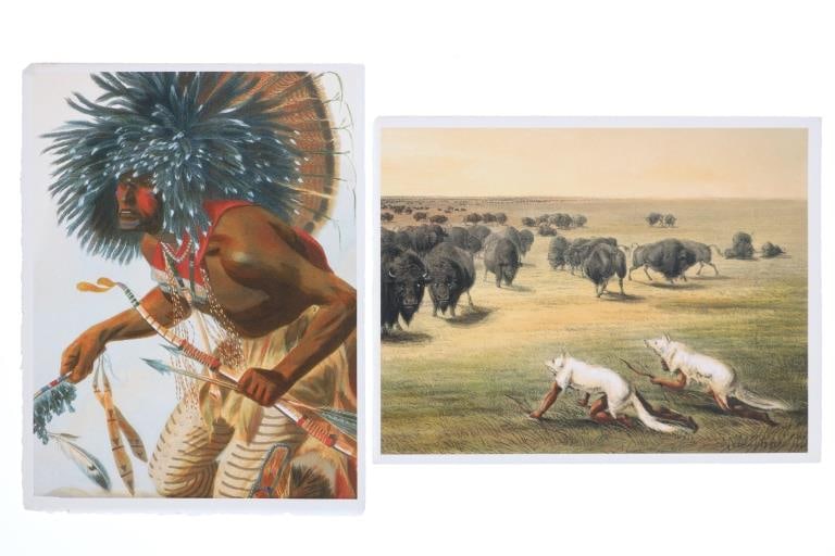 Karl Bodmer & George Catlin Color Tinted Etchings: Featured in this lot is this pair of color tinted etchings from renowned artists Karl Bodmer (1809?1893) and George Catlin (1796?1872) circa 20th century. There are two color tinted etchings in this c
