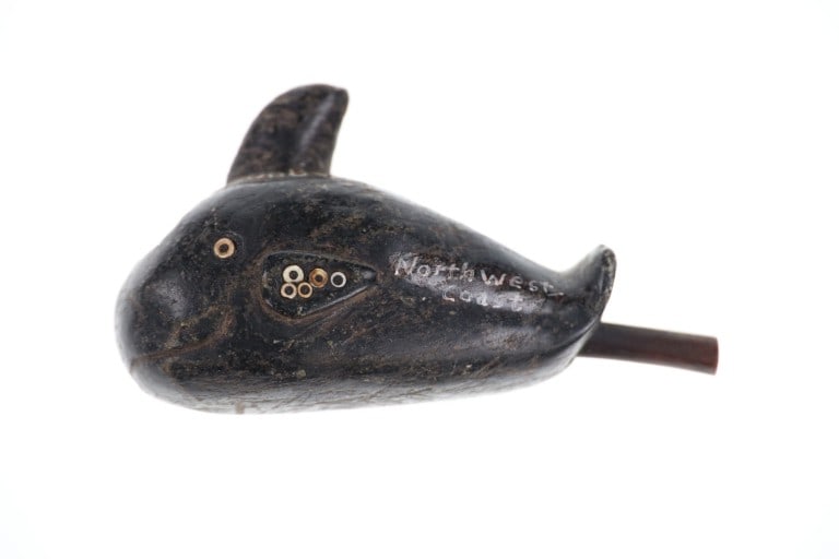 Pre-Historic Chumash Steatite Killer Whale Pipe: This is a stunning, prehistoric Chumash steatite Orca / Killer Whale carved pipe with shell inlay accompanied with Tony Putty COA documentation from the ex-collections of Didier Leveque and Dr. Caroll