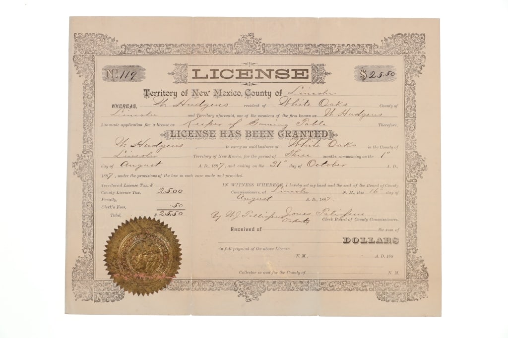 Ca. 1887 Lincoln Co., New Mexico Gaming License (1 of 9)