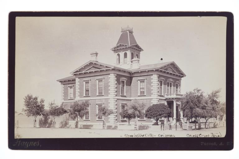 F.J. Haynes Tombstone Court House Photo 1880s: Featured in this lot is this original, Frank J. Haynes photo of Tombstone's County Court House in Tombstone, Arizona Territory in the late 1880s. Frank Jay Haynes, known as F.J. Haynes, F. Jay Haynes