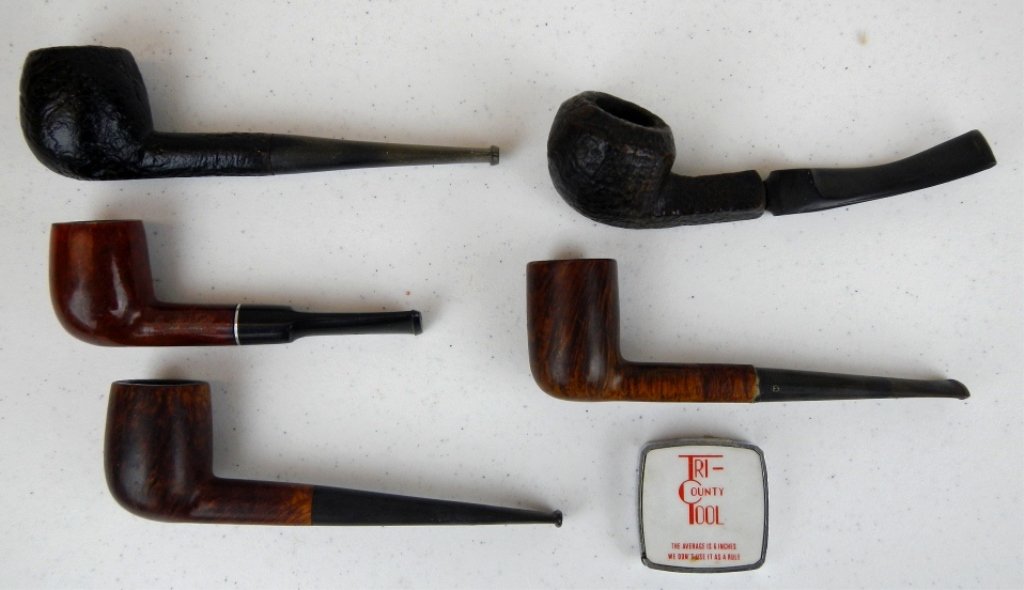 Old Pipe Collection: This includes 5 Smoking Pipes and an advertisement tape measure. There are good burl wood pipes by Birks Special, E. Wilke N.Y.C., and Yello-Bole Imperial.