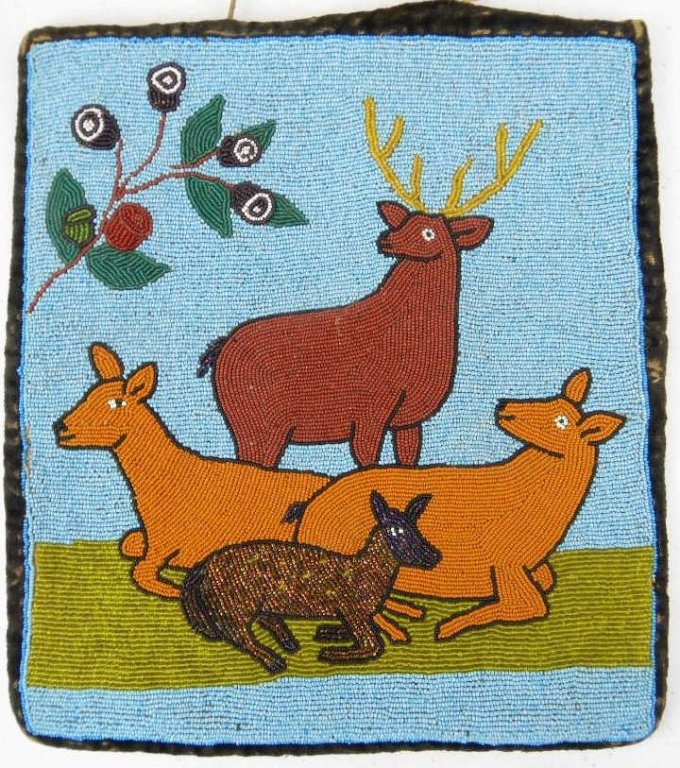 Nez Perce Beaded Flat Bag: This flat bag is hand made by the Nez Perce Native Americans and features 4 deer. This has wonderful tight beadwork. The Nez Perce were very well known for their great craftsmanship with beadwork. Thi