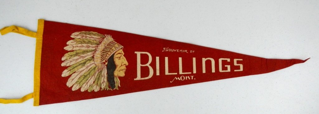 Billings Montana Indian Chief Pennant: This a Rare piece of Montana memorabilia. This features an Indian chief and reads, "Souvenir of Mont." An early piece that measures 26.5"long x8.25"wide with 4" Fringe