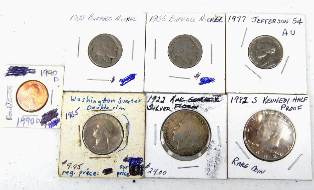Collectible Coin Collection: This lot includes such coins as: 1982-S Kennedy Half Silver Dollar Proof Rare Coin, 1936 & 1928 Buffalo Nickels, Washington Quarter Double Rim, 1922 King George 5th Silver Florin, 1977 Jefferson Nicke