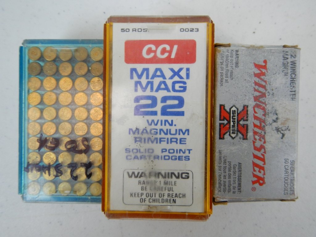 83 Rounds of .22 Magnum and 50 rounds of .22 Short: This lot features a box of CCI .22 Caliber Magnum rounds and a box of .22 Magnum Winchesters. Also included is a box of 50 Winchester Super X .22 Caliber Shorts (these were used in arcades and target 
