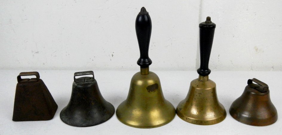 Collection of Antique Bells: This lot features 2 old Brass bells, 2 old copper bells, and a iron bell. Great assortment of Antique Collectible bells. All of these have a good sound. The largest measures 7.75" tall and 4.5" in dia