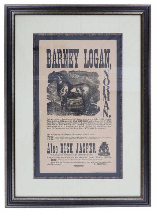Ca. 1882- Frisco, Texas Horse Breeding Broadside: Featured in this lot is this 19th century broadside poster from Frisco, Texas printed by the Frisco Herald Print for breeding by "Barney Logan" and Dick Jasper between 1882 and 1890's. The broadside p