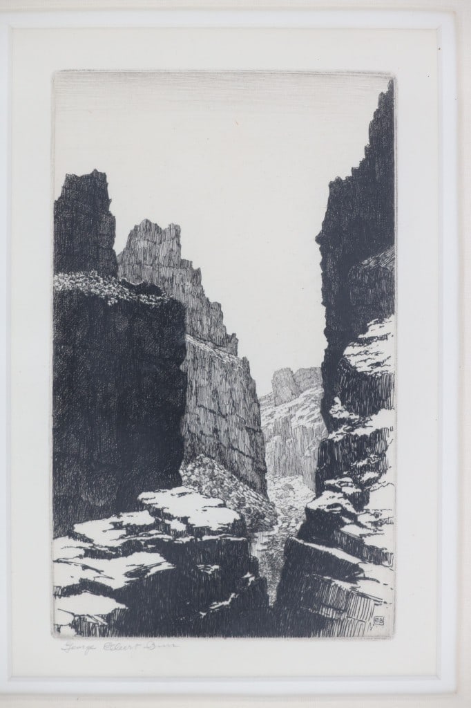 George Elbert Burr (1859-1939) Fish Creek Etching: Featured in this lot is this hand signed framed etching titled "Fish Creek, Apache Trail, Arizona" by American artist George Elbert Burr born in 1859 and died in 1939; the etching was housed in the Th