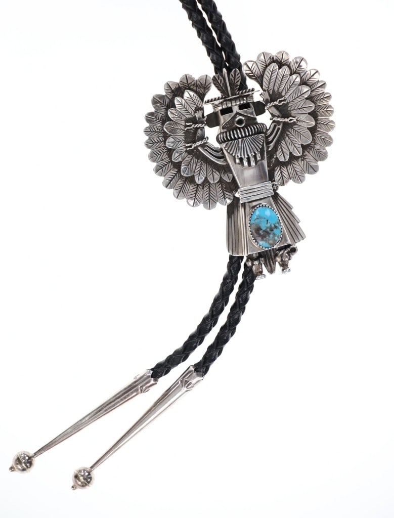 Navajo Din? Alvin Joe Sterling Kachina Bolo Tie: For your consideration is an Original Sterling Silver Eagle Dancer Kachina Bolo Tie with Bisbee Turquoise from Navajo Din? artist, Alvin Joe. This impressive bolo tie features a wonderfully and profes