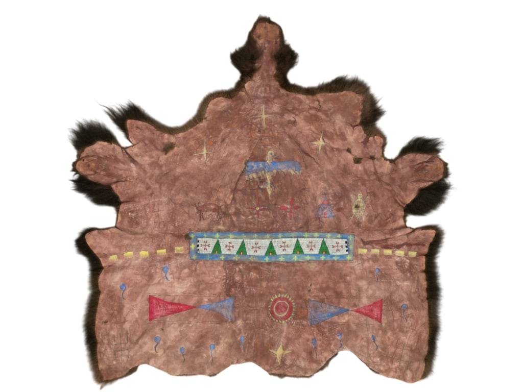 Sioux Ghost Dance Beaded & Painted Buffalo Robe: The lot features a Sioux polychrome painted and beaded Ghost Dance Buffalo Wearing Robe collected from the Standing Rock Sioux Indian Reservation and ex-Ben Thompson collection. The piece exhibits an