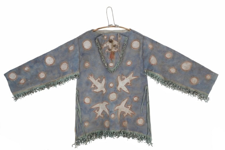 Arapaho Ghost Dance Revival Painted Shirt 20th-C.: This is a stunning polychrome painted Arapaho Ghost Dance Revival painted shirt from Lakota Sioux John Young Buck of the Pine Ridge Indian Reservation from the 20th-century. The shirt exhibits thick t