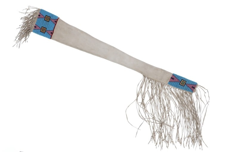 19th C. Northern Plateau Beaded Rifle Scabbard: This is a stunning beaded hide rifle scabbard dating to circa 1870-1880?s from the Northern Plateau, likely the Crow or Nez Perce, from a private Colorado collection. The piece exhibits Indian tanned