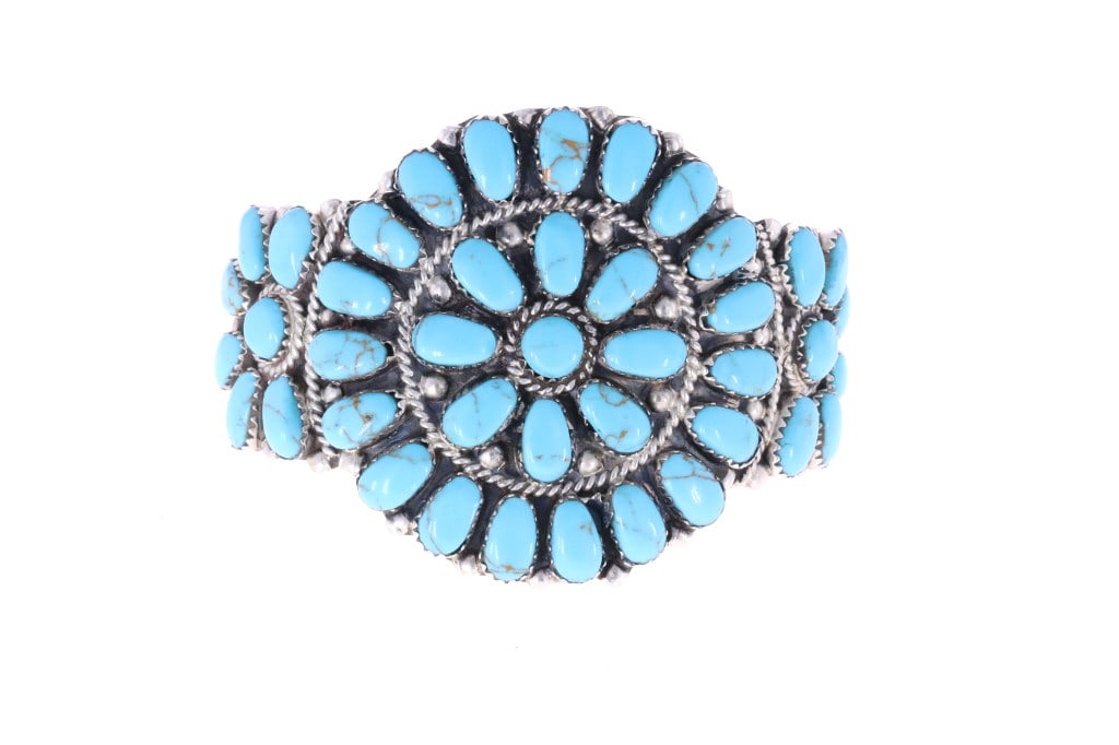 Navajo Dine Petit Point Turquoise Cuff Bracelet: For your consideration is this beautiful, Navajo Dine petit point Blue Gem Turquoise cuff bracelet, made by Navajo artist Juliana Williams. This bracelet features a sterling construction and shows for