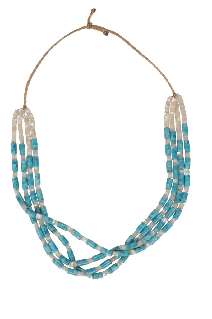 Navajo Turquoise & Mother Of Pearl Heishi Necklace: Featured in this lot is this beautifully crafted, Navajo Fox turquoise & mother of pearl heishi style multi-strand necklace. This necklace shows a string construction set with polished, cylindrical pi