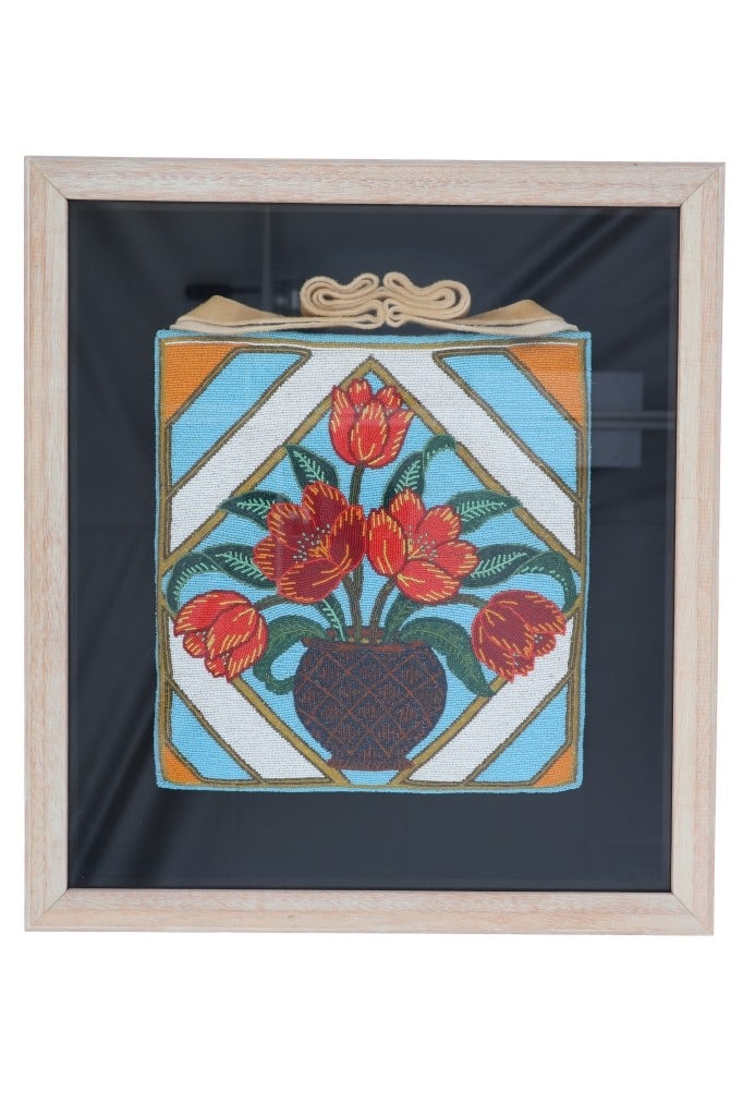 Ca. 1960 Plateau Beaded Flat Bag by Tina Crowe: The lot features a fantastic, large Plateau beaded flat bag signed by Confederated Salish (Flathead), Tina Crowe (1893-1980) from Northwestern Montana. The bag has been professionaly framed for displa