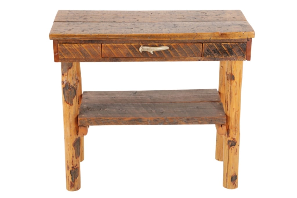 Ca. 1930's American Antique Reclaimed Lumber Table: Featured in this lot is an American antique reclaimed lumber side table circa 1930s to 1950s. The side table features a wonderfully and professionally crafted reclaimed lumber construction that shows