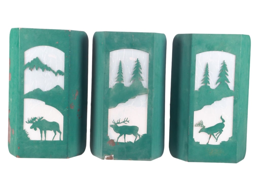 Custom Made Wildlife Outdoor Scone Lights (3): For your consideration is this set of three, custom made outdoor wildlife sconce lights from an Estes Park, Colorado estate in 2005. These lights feature a metal construction showing a green color and